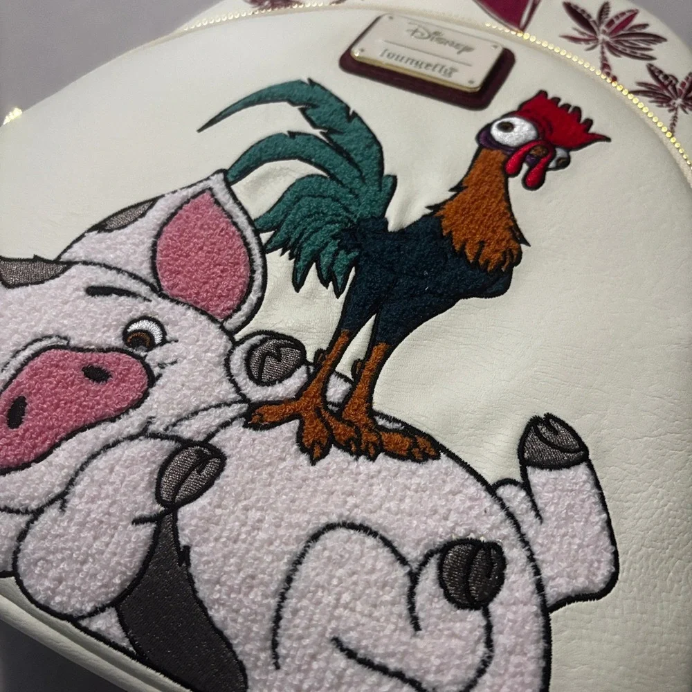 Disney Loungefly Moana Pua Hei Hei Stacked Chenille Mini Backpack Cream Burgundy